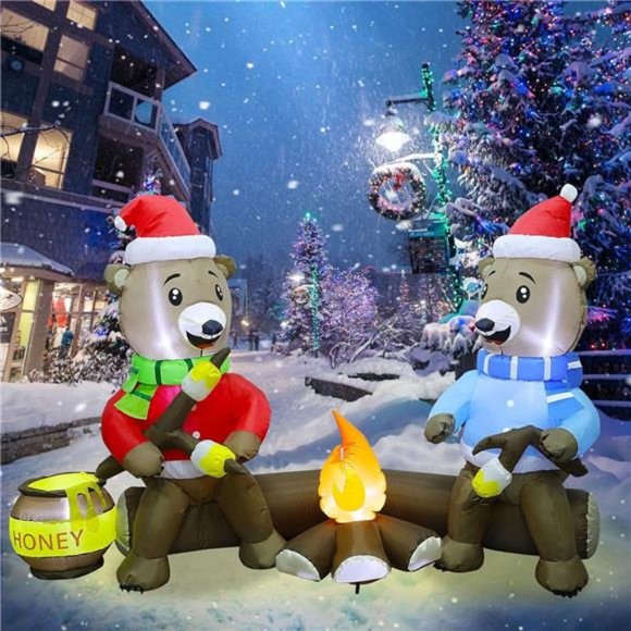 7FT Christmas Inflatable Decorations, Bears Roasting Marshmallows Over Campfire - Picture 1 of 7